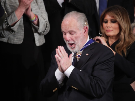 Rush Limbaugh receives Presidential Medal of Freedom from the First Lady of the United States Melania Trump.